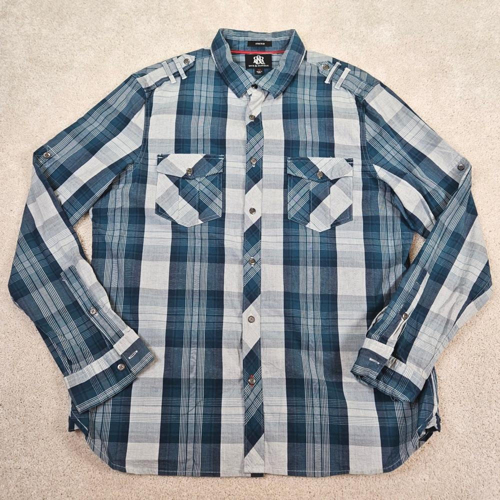 ROCK REPUBLIC Mens Plaid Long Sleeve Button Up Shirt Stretch XL Rugged Americana